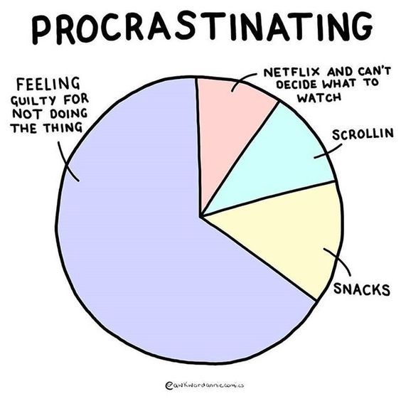 Procrastination Pie Chart - Netflix, Scrolling, Snacks, Feeling guilty for procrastinating (majority of pie chart)